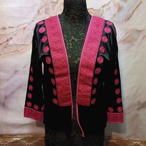 Vintage Black & Pink Velvet Embroidered Open Front Jacket